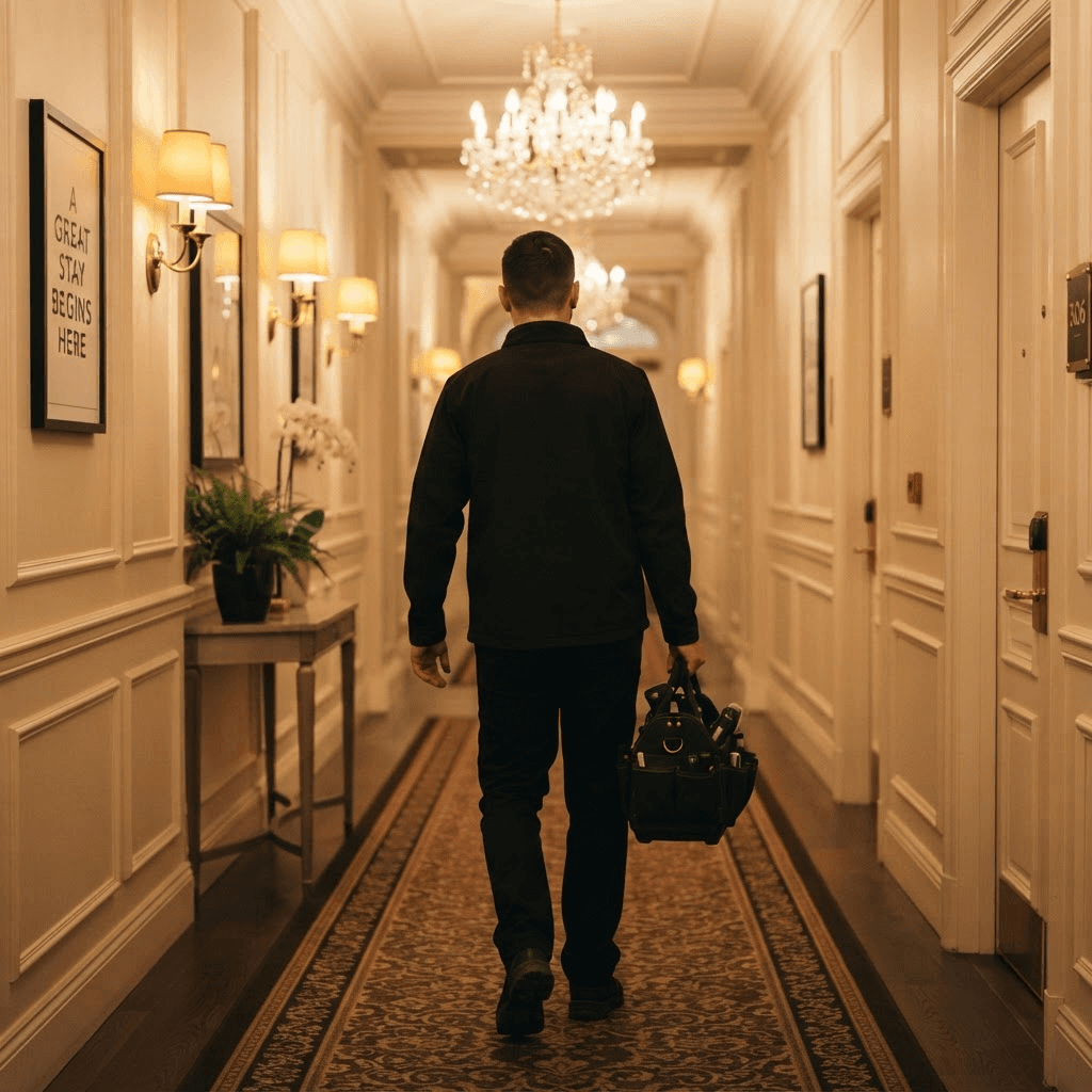 Zeus Services technician inspecting a Notting Hill hotel with an endoscope camera