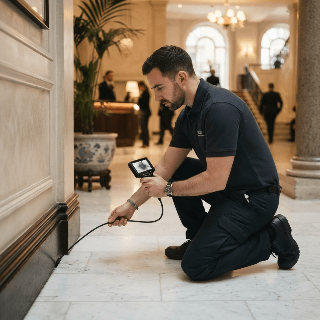 Zeus Services technician conducting a discreet commercial pest control inspection in a London building
