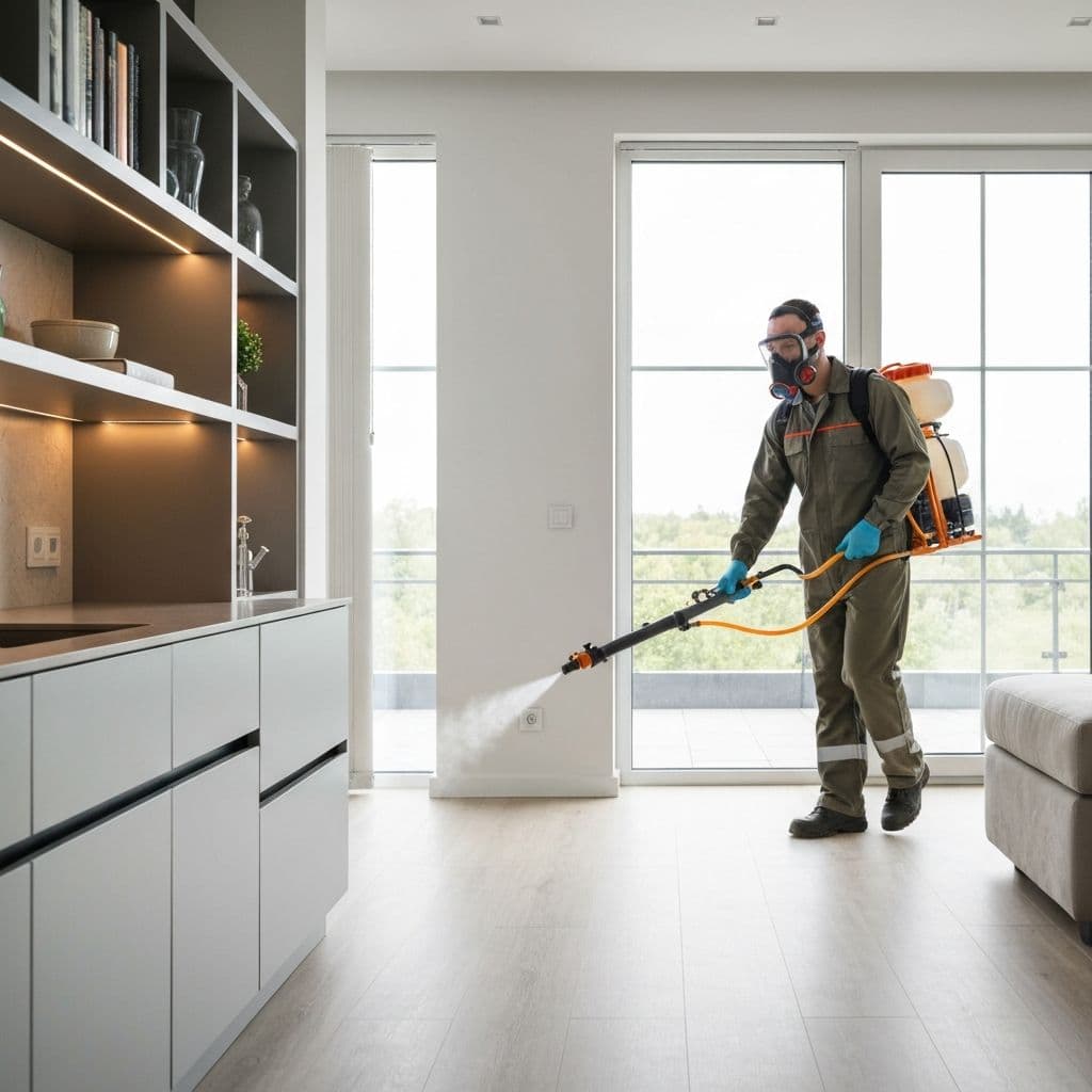 Professional pest control technician fumigating